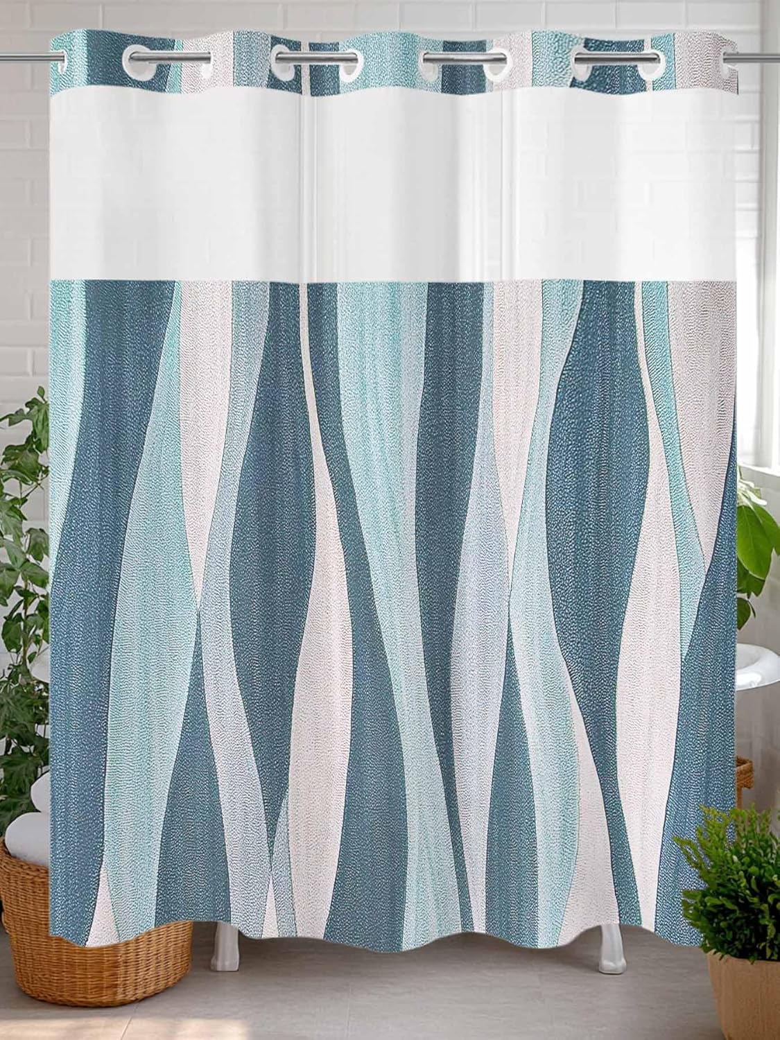 No Hook Shower Curtain with Snap in Liner, Blue Gradient Ripple Abstract Geometric Waterproof Bath Curtain Double Layers with See Through Top Window, Rotation Stripes Line Hotel Shower Curtains