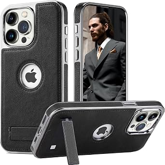 for iPhone 15 Pro Leather Case with Kickstand, 2 Adjustable Stand Modes, Retro Luxury Business Electroplated Edges Military-Grade Drop Protection Slim Back Cover for iPhone 15 Pro Black