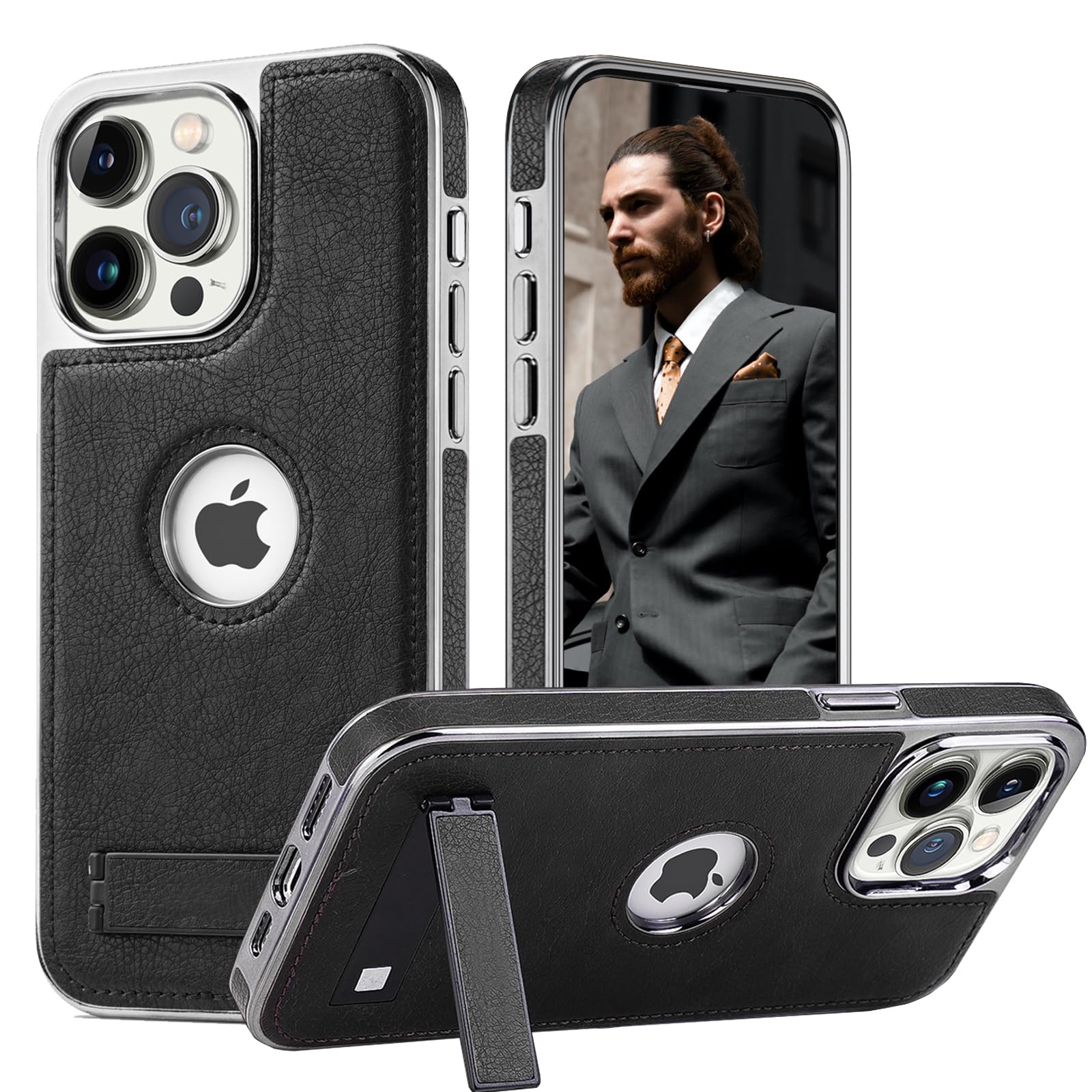 Furwabo for iPhone 15 Pro Max Leather Case with Kickstand, 2 Adjustable Stand Modes, Retro Luxury Business Electroplated Edges Military-Grade Drop