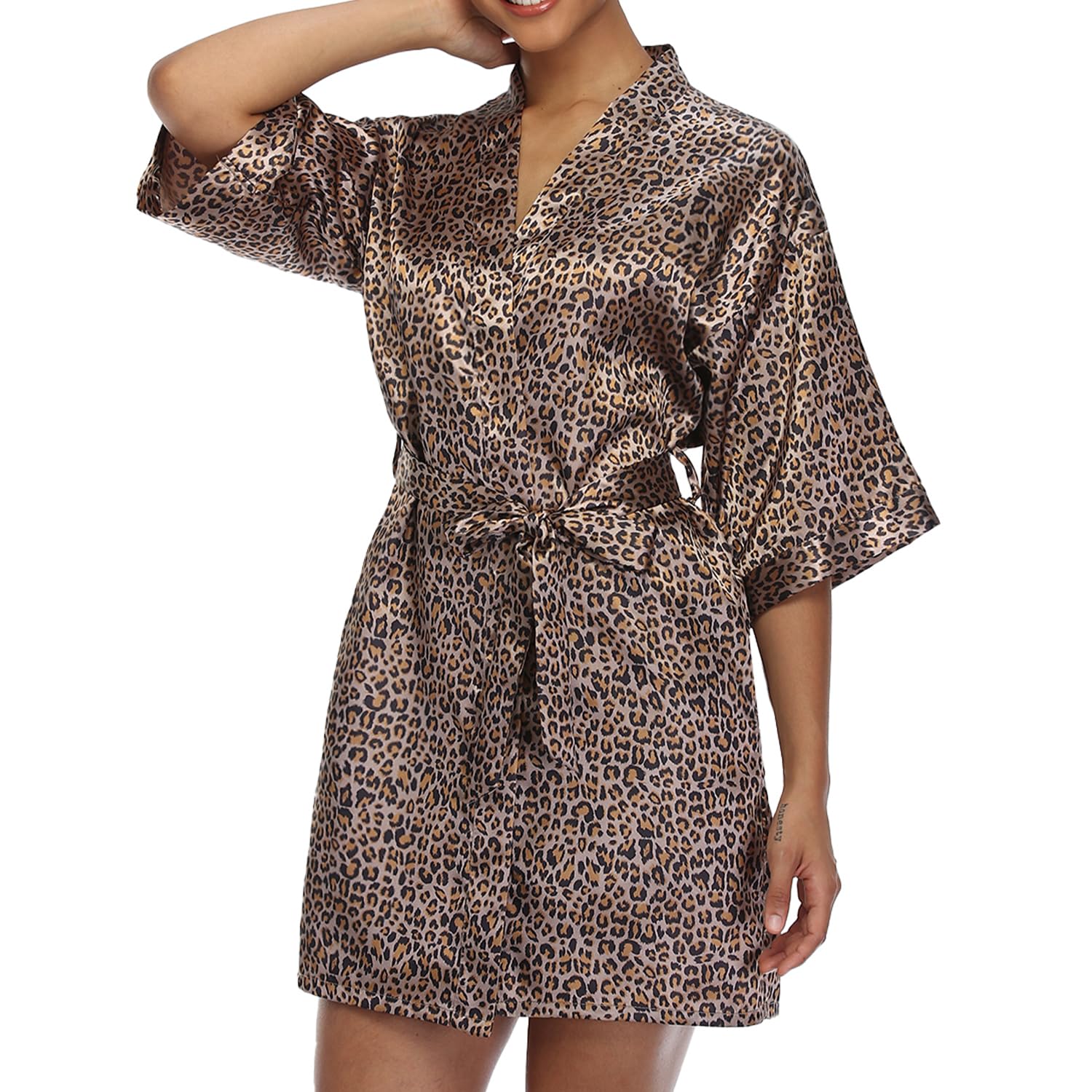 Womens Short Silky Satin Kimono Robe Bridal Bridesmaid Wedding Party Sleepwear with Pockets