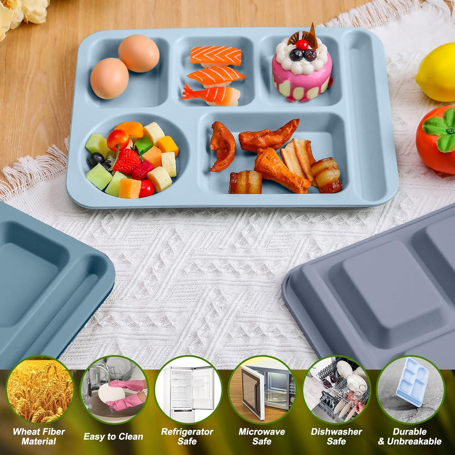 Uiifan 16 Pcs Large 14.2'' Wheat Divided Plates for Adults Unbreakable Lunch Trays with Compartments Plates Cafeteria Trays Microwave Dishwasher Safe(Morandi Color)