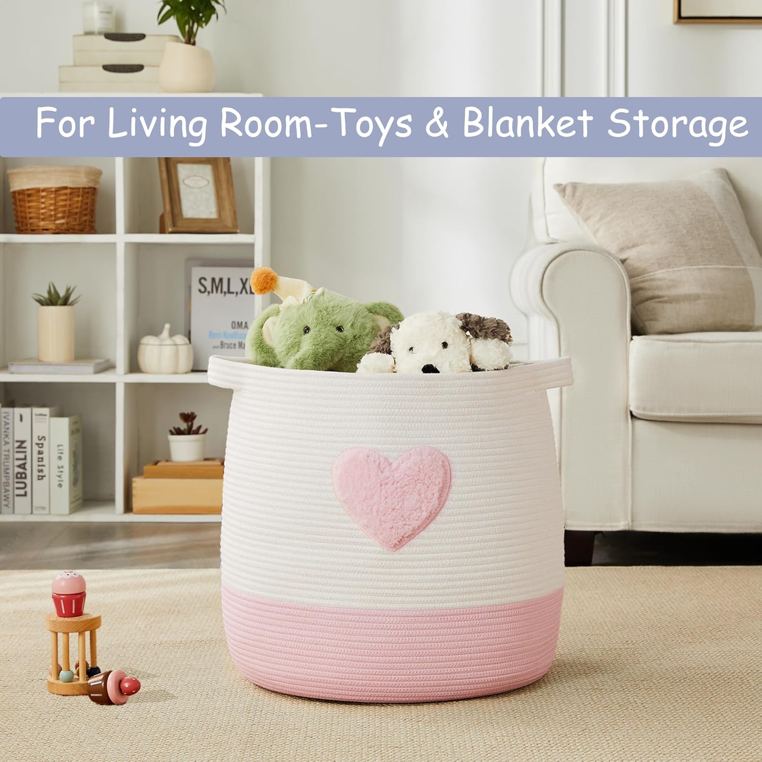 Large Baby Laundry Basket, Pink Laundry Hamper for Kids Girls, Toy Blanket Storage Basket for Girls Room Bedroom, Cotton Rope Baskets for Organizing 16" W x 17.7" H