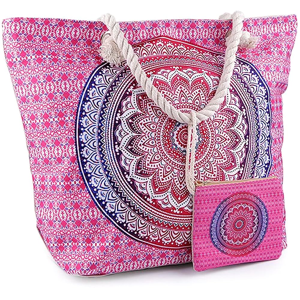 Sac de plage Boho Mandala - Sac d'été XXL avec poignées en cordon - 50 x 39 x 16 cm - Avec mini pochette assortie - Pour plage, pique-nique, vacances, loisirs, piscine