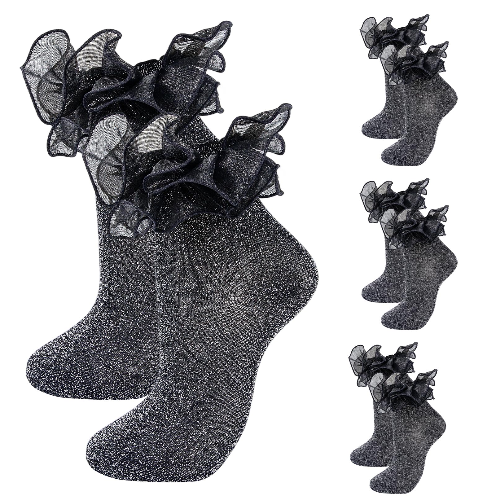 MKYSZLT Women Glittery Ruffle Ankle Socks,Adult Double Lace Sparkling Frilly Dress Socks with Ruffles Cute Ruffled Bobby Sock
