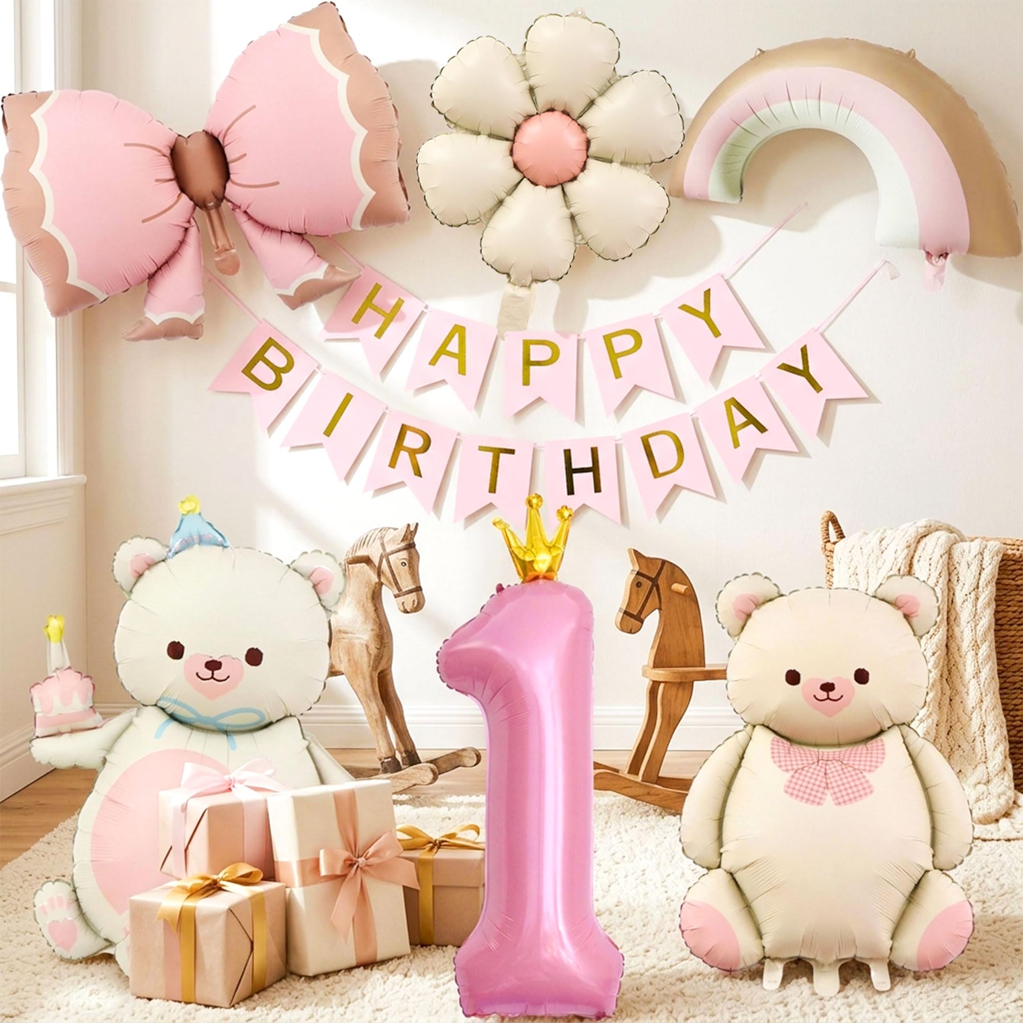 1st Birthday Decorations for Girls Bear Number 1 Balloon Flowers Foil Balloons for First Birthday Party Supplies