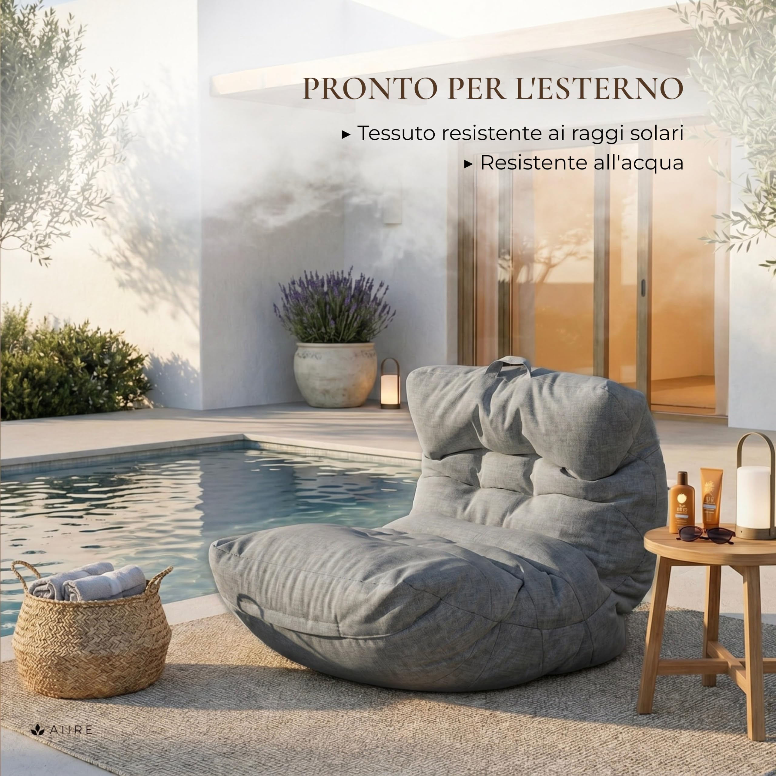 Aiire Pouf da Esterno XXL con Imbottitura Inclusa - Poltrona Sacco di Design per Giardino, Terrazza o Piscina - Bean Bag Chair 1 Posto per Relax o Lettura, Grigio Scuro