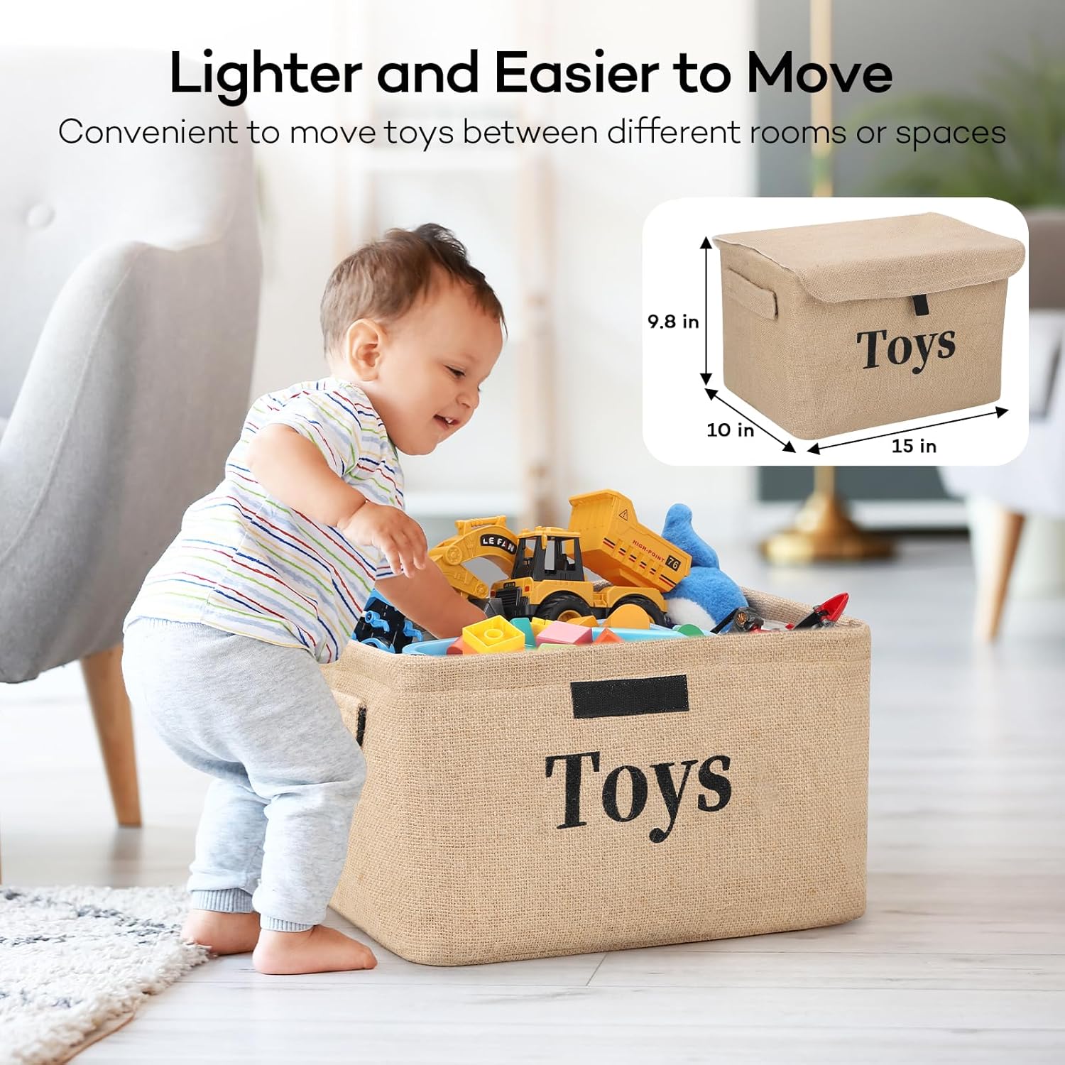 Toy Storage Box Organizer Baskets, 2 Pack Burlap Kids Toys Storage Baskets Bins with Lids & Metal Frame, Collapsible Toy Baskets for Closet Shelves, Nursery, Livingroom, Playroom, 15"x10"x9.8"