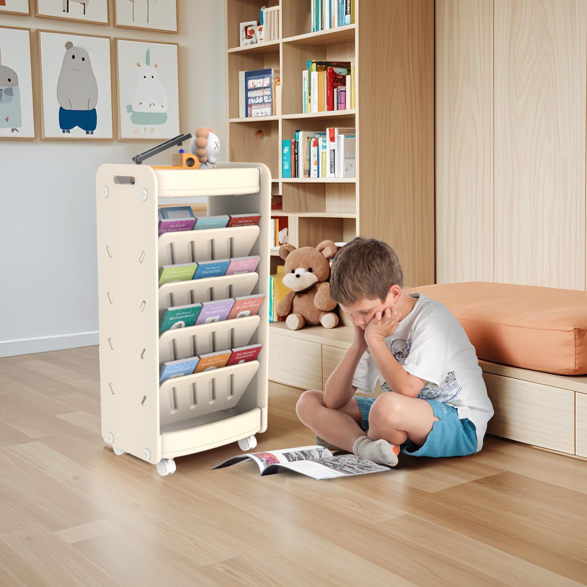 Libreria Montessori Con Ruote 4 Ripiani Homsailei | Scaffale Doppio Faccia Per Libri E Giocattoli, In Legno Naturale, 89,9x40x80 Cm, Per Asilo, Camera Bambini, Aula, Base Antiribaltamento