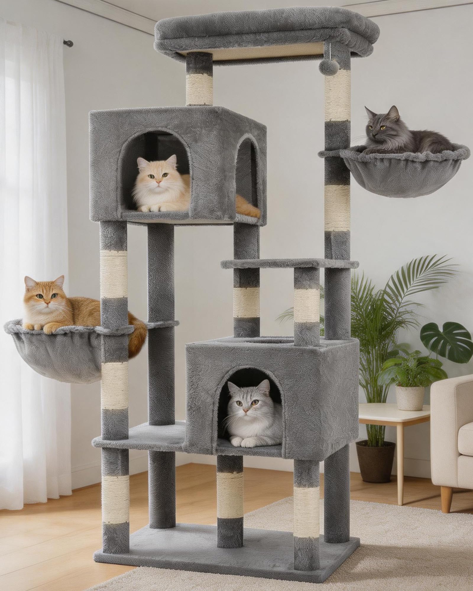 Heybly Árbol para Gatos de 173 cm para Gatos de Interior, Torre Resistente con Plataforma Superior Extra Grande, 2 Condos Acogedores, 2 Cestas, 10 Postes Rascadores de Sisal, Gris Claro HCT059W