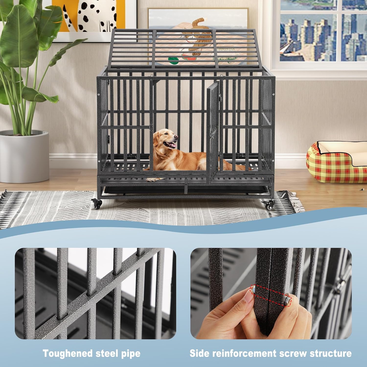 Grepatio 38" Heavy Duty Dog Crate, Indestructible Dog Crates Indoor Double Door Dog Cage with Removable Tray, High Anxiety Dog Carrier with Lockable Wheels for Small Large Dogs