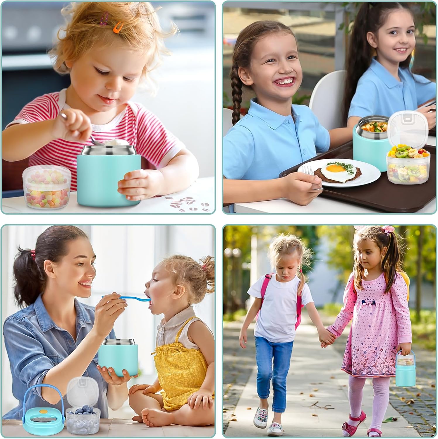 2-in-1 Insulated Food Jar with a Snack Container - 15oz Kids Soup Thermos for Hot Food with Handle and Spoon, Leak Proof Bento Lunch Box Kids, Perfect for School & Travel, Tiffany Blue - Image 7