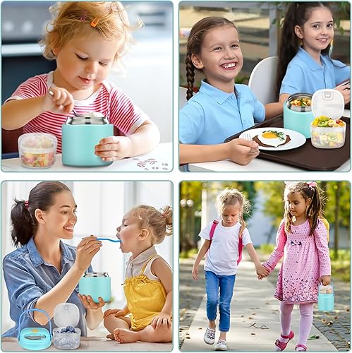 Miniatura 7 de Tarro de comida aislado 2 en 1 con un recipiente para aperitivos, termo de sopa para niños de 15 onzas para comida caliente con asa y cuchara,