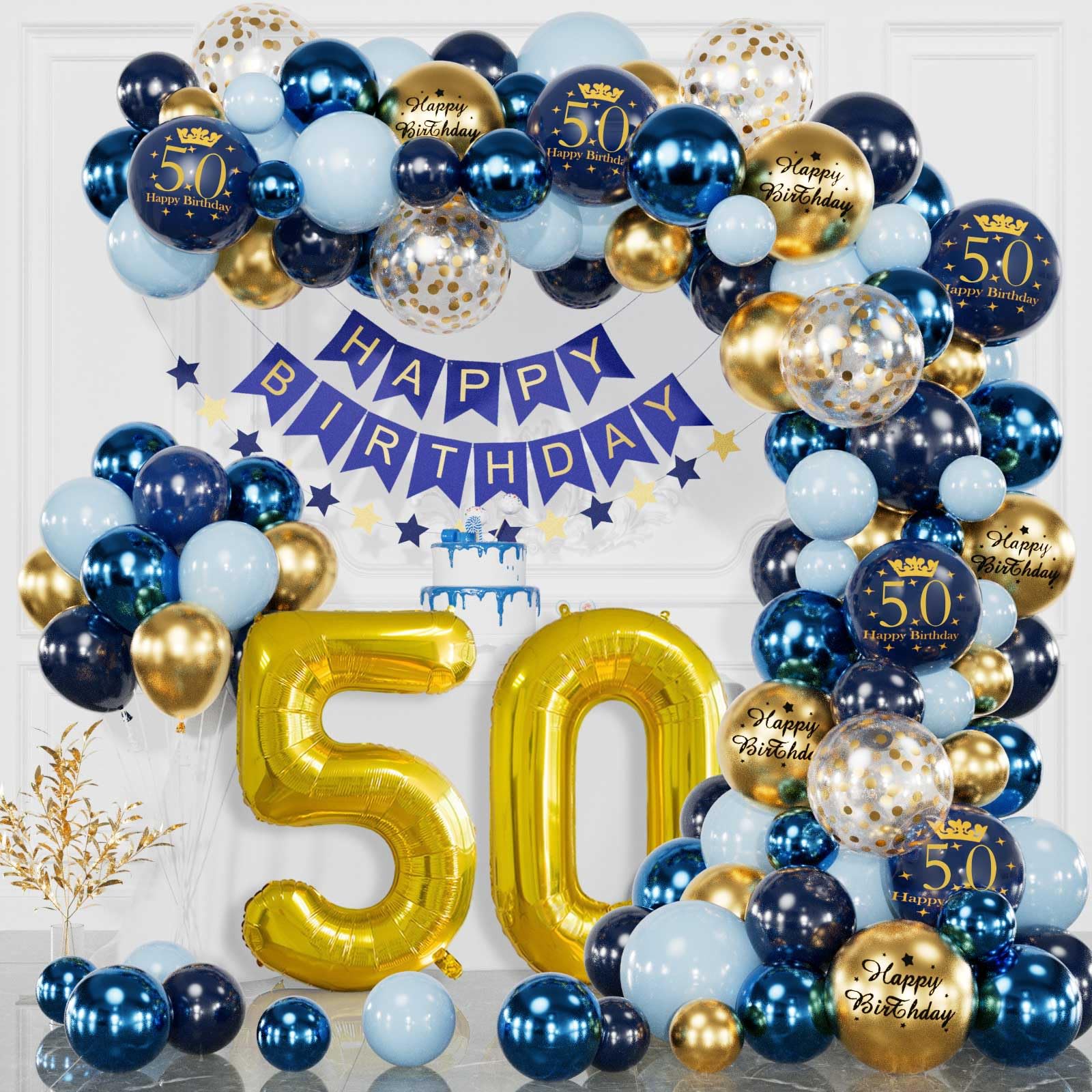 Decorazioni Compleanno 50 Anni - Striscione Blu/Oro, Palloncini, Per Festa Uomo O Donna - Foto 3