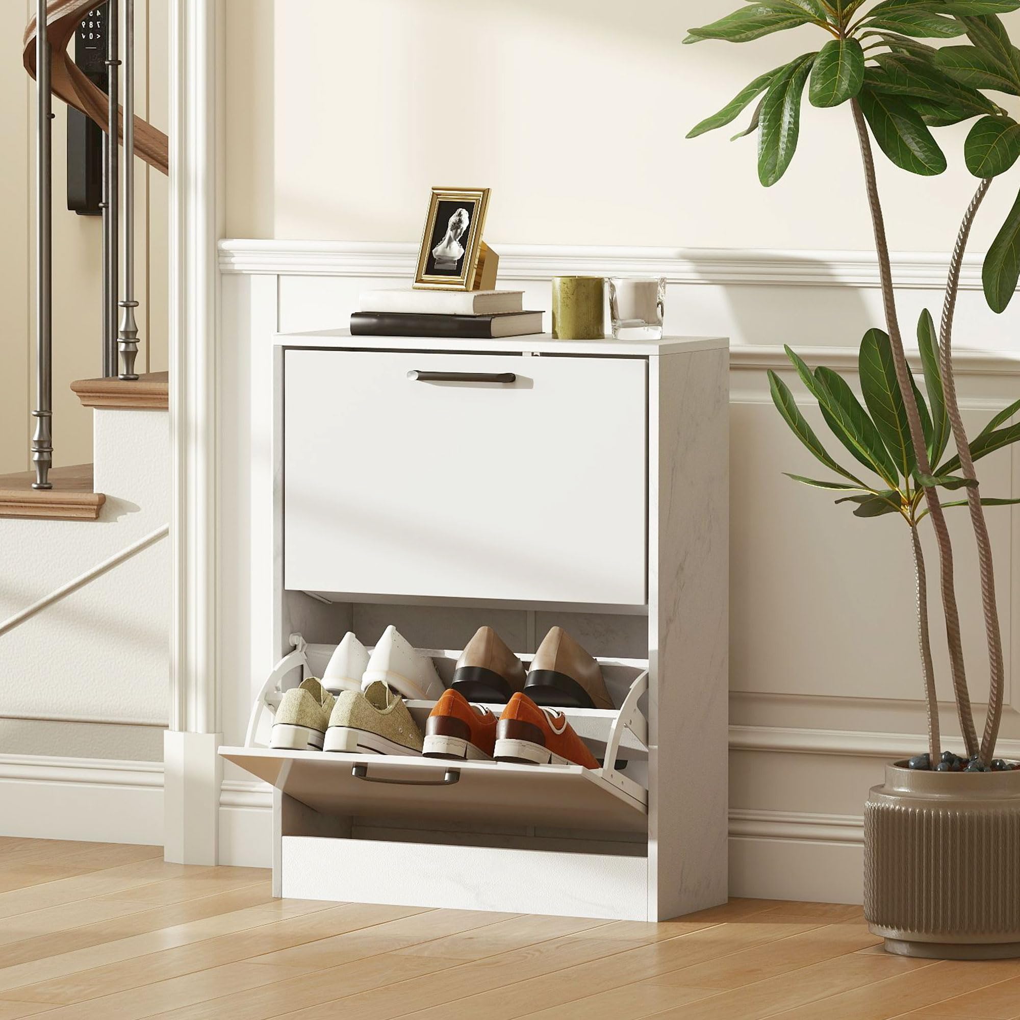 HOMCOM Zapatero Estrecho 2 Puertas de Alto Brillo 60x24x80 cm Blanco | Zapatero Entrada Recibidor, Estantes Ajustables, Diseño Mármol, para 8 Pares de Zapatos, Espacios Reducidos