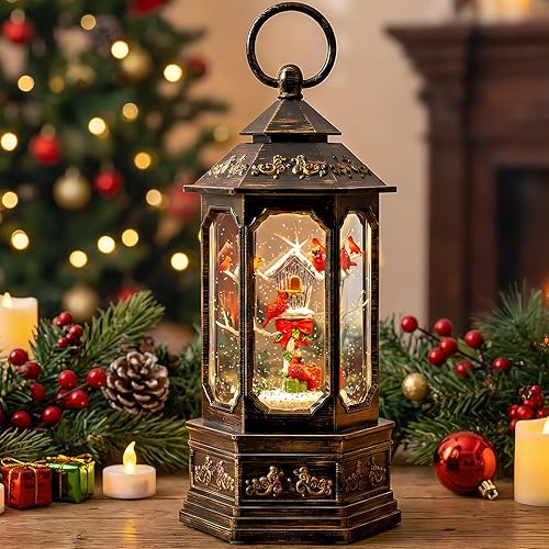 Linterna de globo de nieve de Navidad con brillo de agua de 11.6 pulgadas, cardenal y casa de pájaros con música y temporizador, linterna iluminada