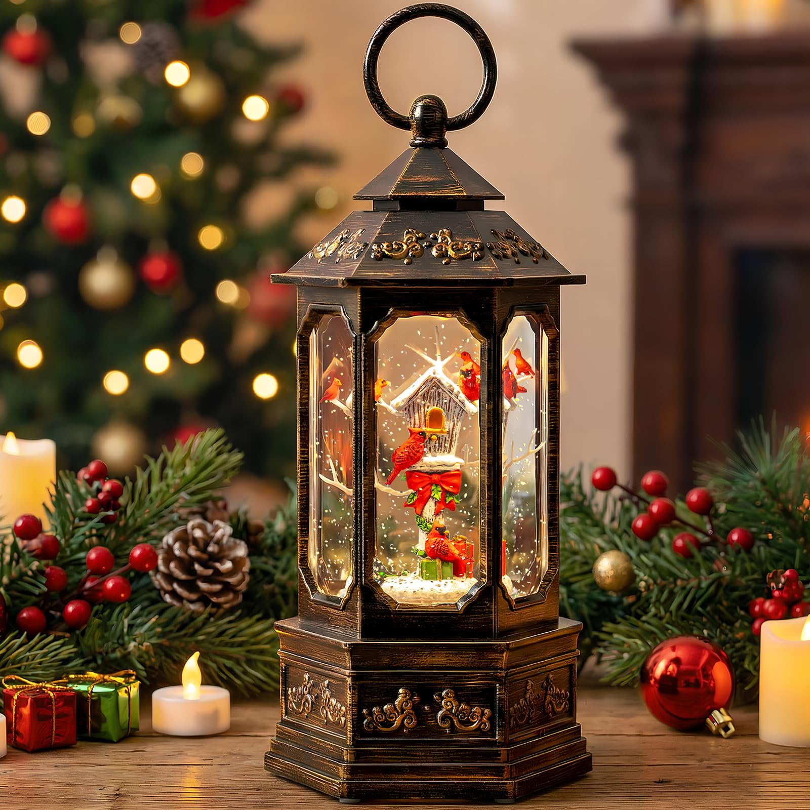 Christmas Snow Globe Lantern Water Glittering 11.6'' Cardinal &amp; Birdhouse with Music &amp; Timer, USB Lined/Battery Operated Lighted Lantern for Christmas Festival Decoration Gifts