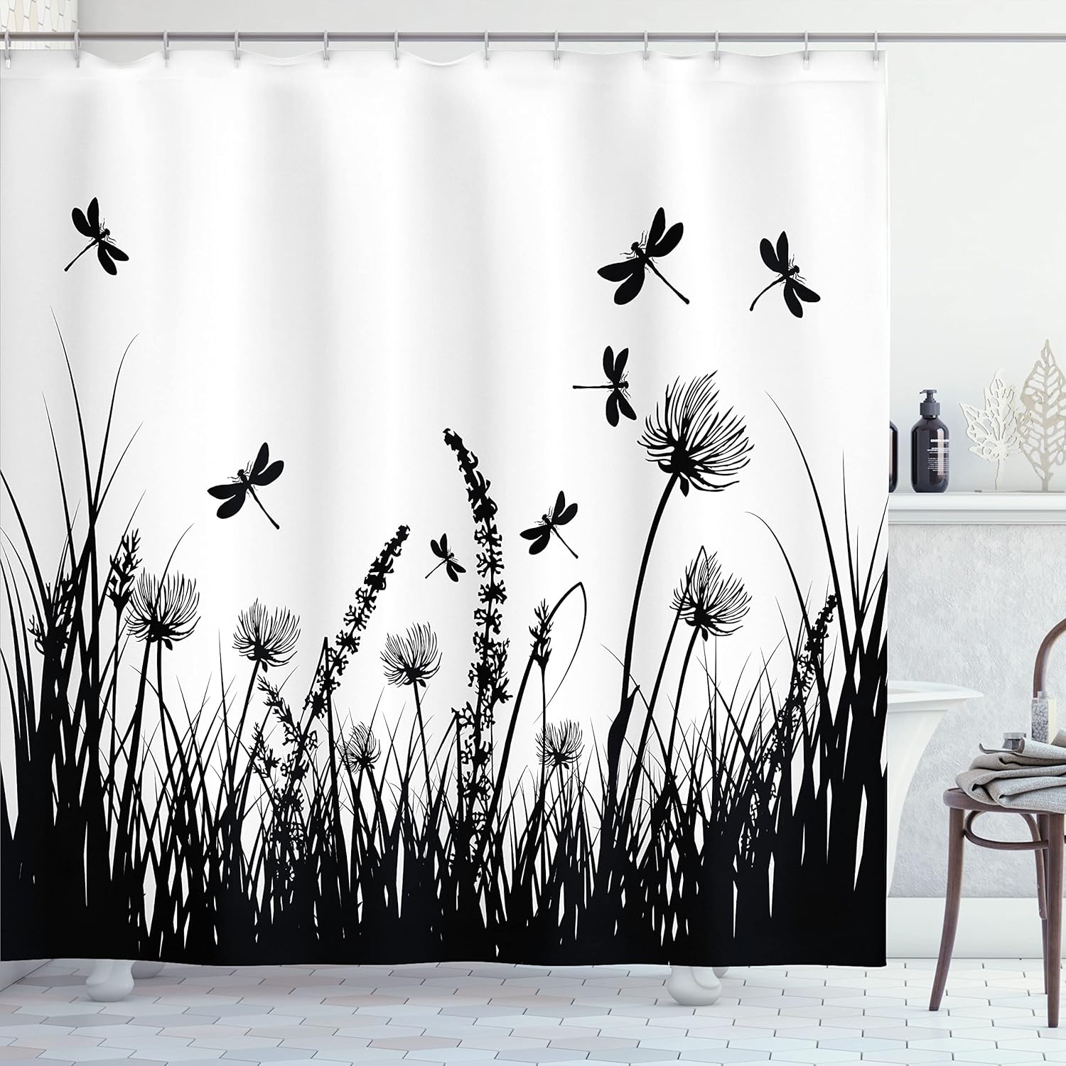 Ambesonne Nature Shower Curtain, Grass Bush Meadow Silhouette with Dragonflies Flying Spring Garden Plants Display, Cloth Fabric Bathroom Decor Set with Hooks, 69" W x 70" L, White Black