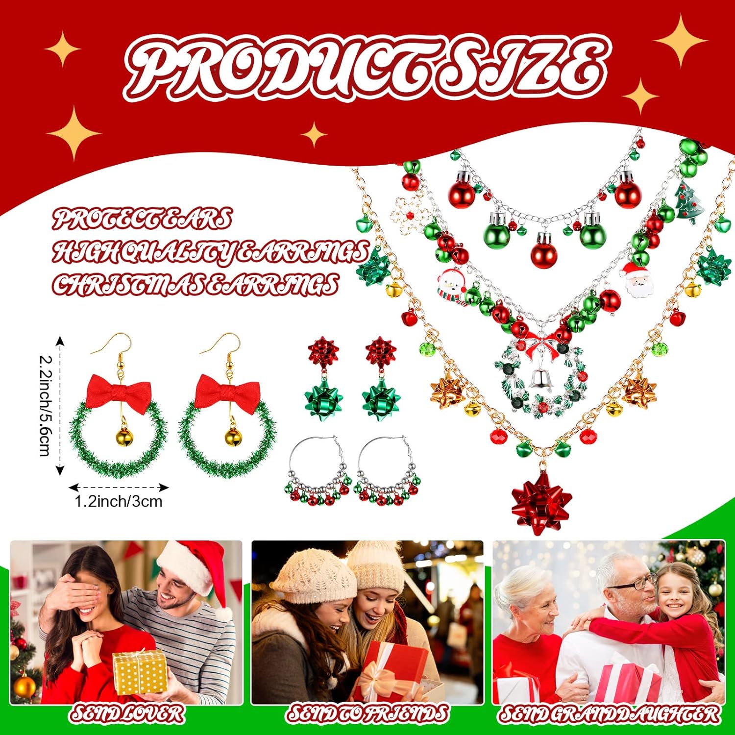 Kigeli 6 Pcs Women's Christmas Necklace Earrings Jewelry Set Metal Xmas Bow Necklace Jingle Bells Beaded Collar Crystal Teardrop Pendant Wreath Christmas Hoop for Women - Image 2