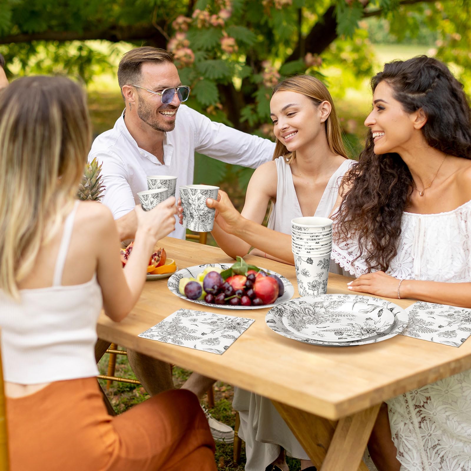 Dandat Set da tavola usa e getta, piatti di carta, tovaglioli, bicchieri, vintage, per feste, piatti di carta usa e getta, tovaglioli per matrimoni, addio al nubilato, feste (nero, floreale)
