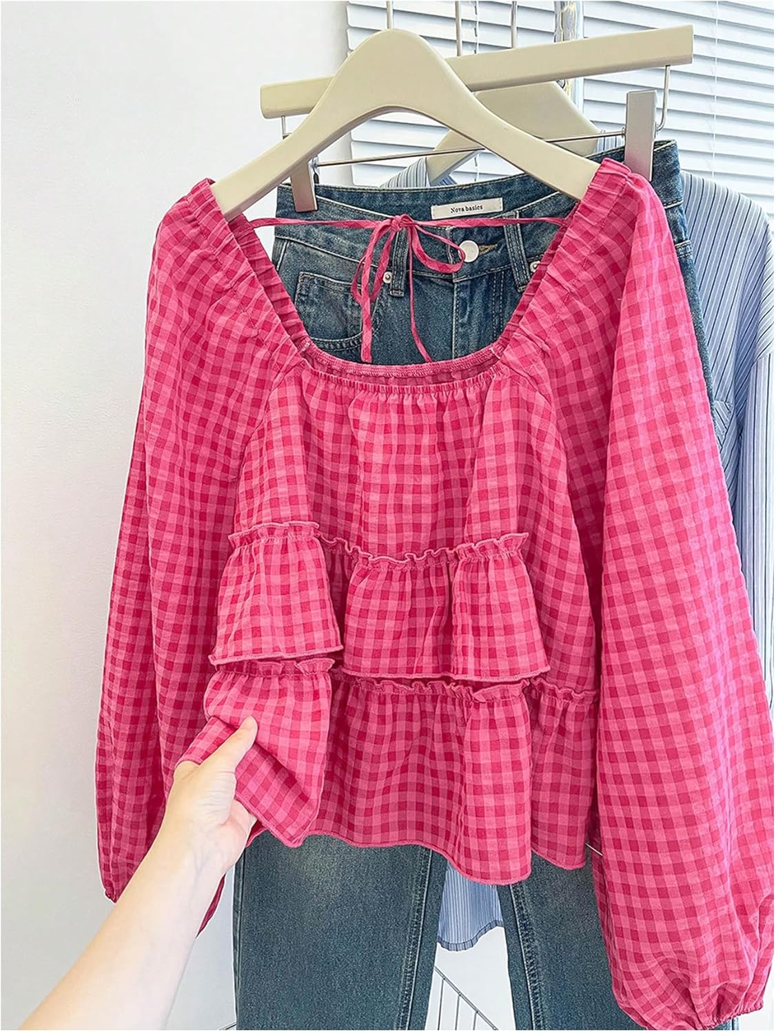 Floerns Women's Plus Size Cute Gingham Lantern Sleeve Blouses Ruffle Tie Back Babydoll Crop Tops - Image 4