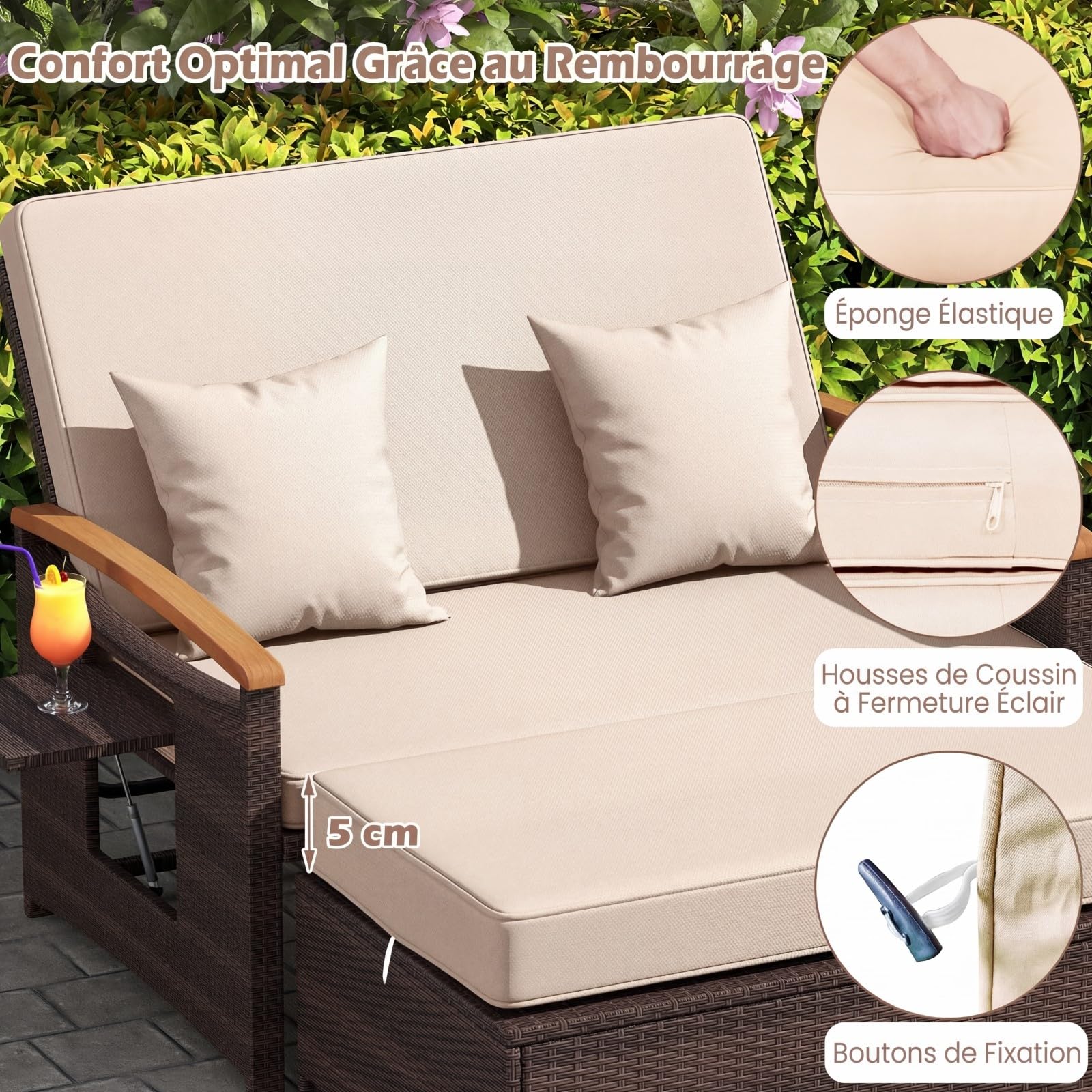 COSTWAY Salon de Jardin en Rotin avec Ottoman de Rangement, Bain de Soleil avec Plateau Latéral Rétractable Dossier Réglable sur 4 Niveaux, Canapé à 2 Places pour Jardin Patio Piscine (Marron+Beige)
