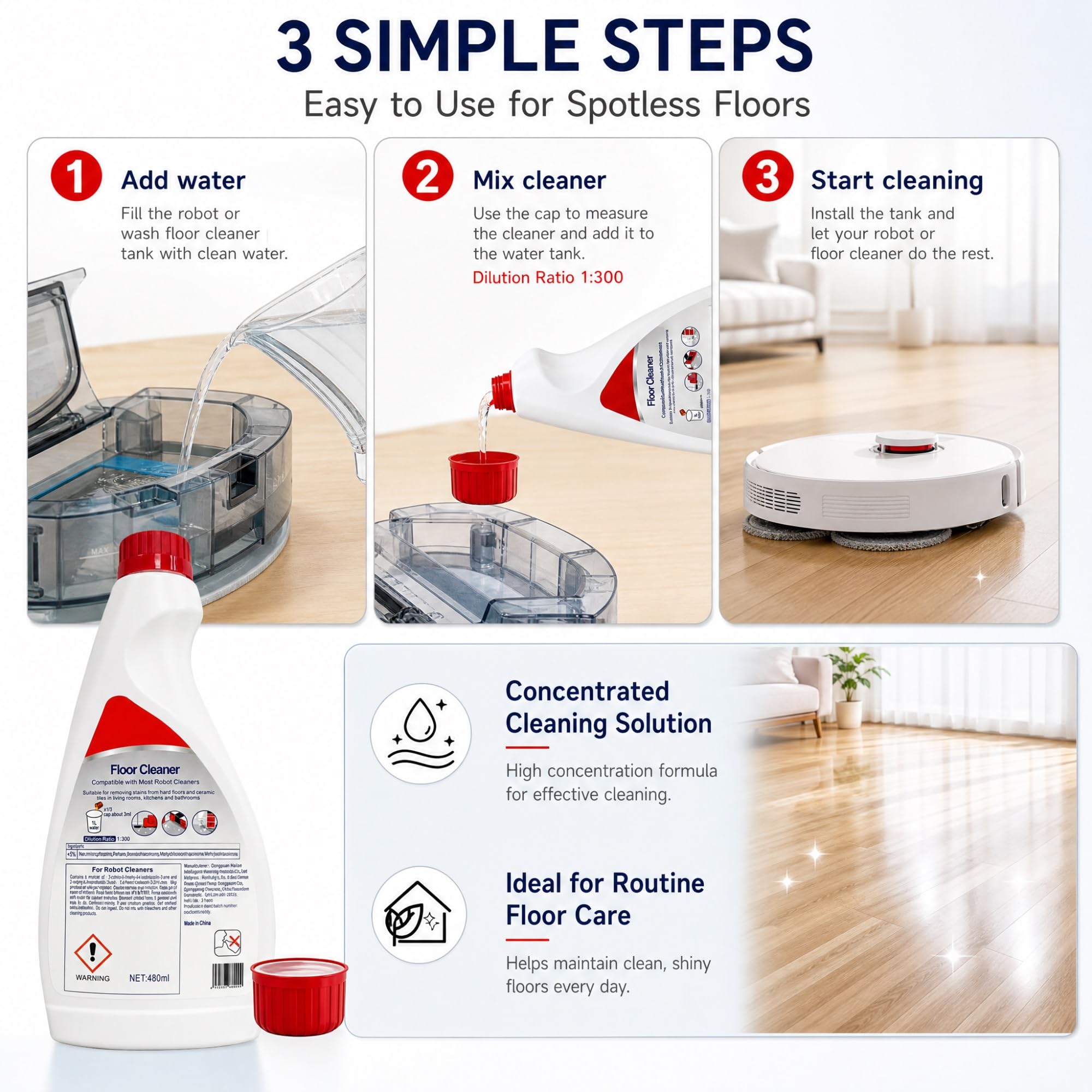 Ricarica Liquido Pulizia Pavimenti, Confezione Da 5, 480ML | Formula Vegetale A Bassa Schiuma, Rimozione Macchie Ad Alta Efficienza, Rapporto Di Diluizione 1:300, Compatibile con Roomba