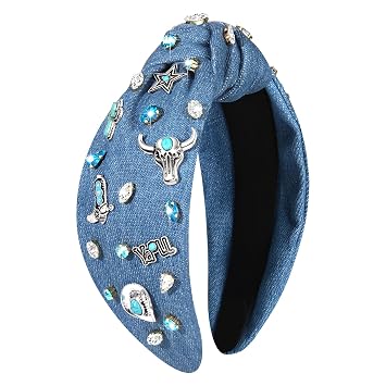 mokkia Western Headbands for Women Jeweled Rhinestone Crystal Knotted Headbands Wide Cowgirl Cowboy Boots Hats Hairbands Cowgirl Hair Accessories Spring Summer Headwear Blue 1