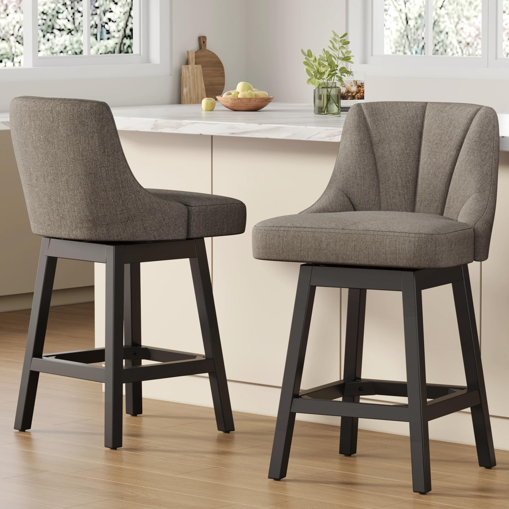 YaFiti 26" Swivel Bar Stools Set of 2 with Back &amp; Wood Legs, Fabric D.Taupe
