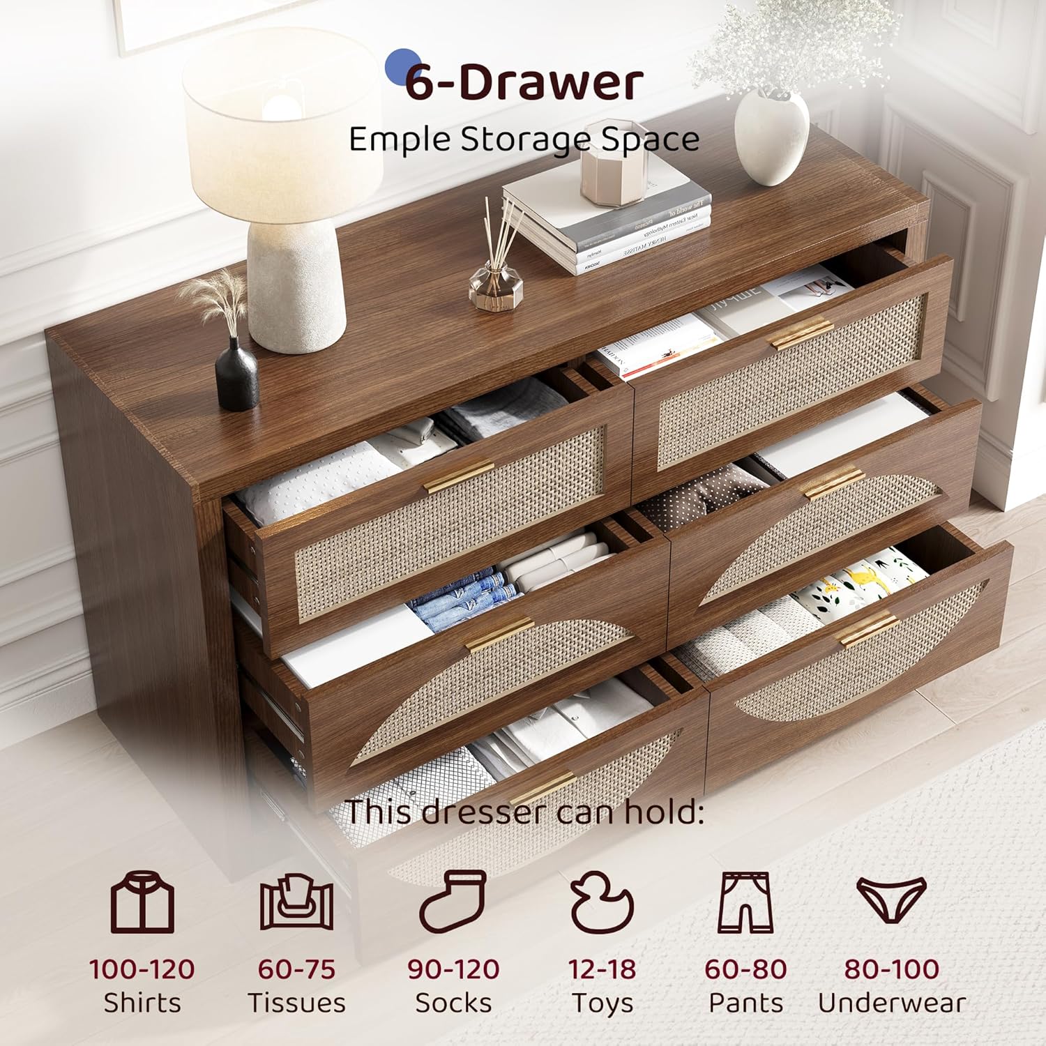 6 Drawer Rattan Dresser for Bedroom,Boho 47.2" Wide Wood Chest of Drawers,Dresser TV Stand with Metal Handle,Large Storage Closet Organizer for Living Room,Hallway,Walnut