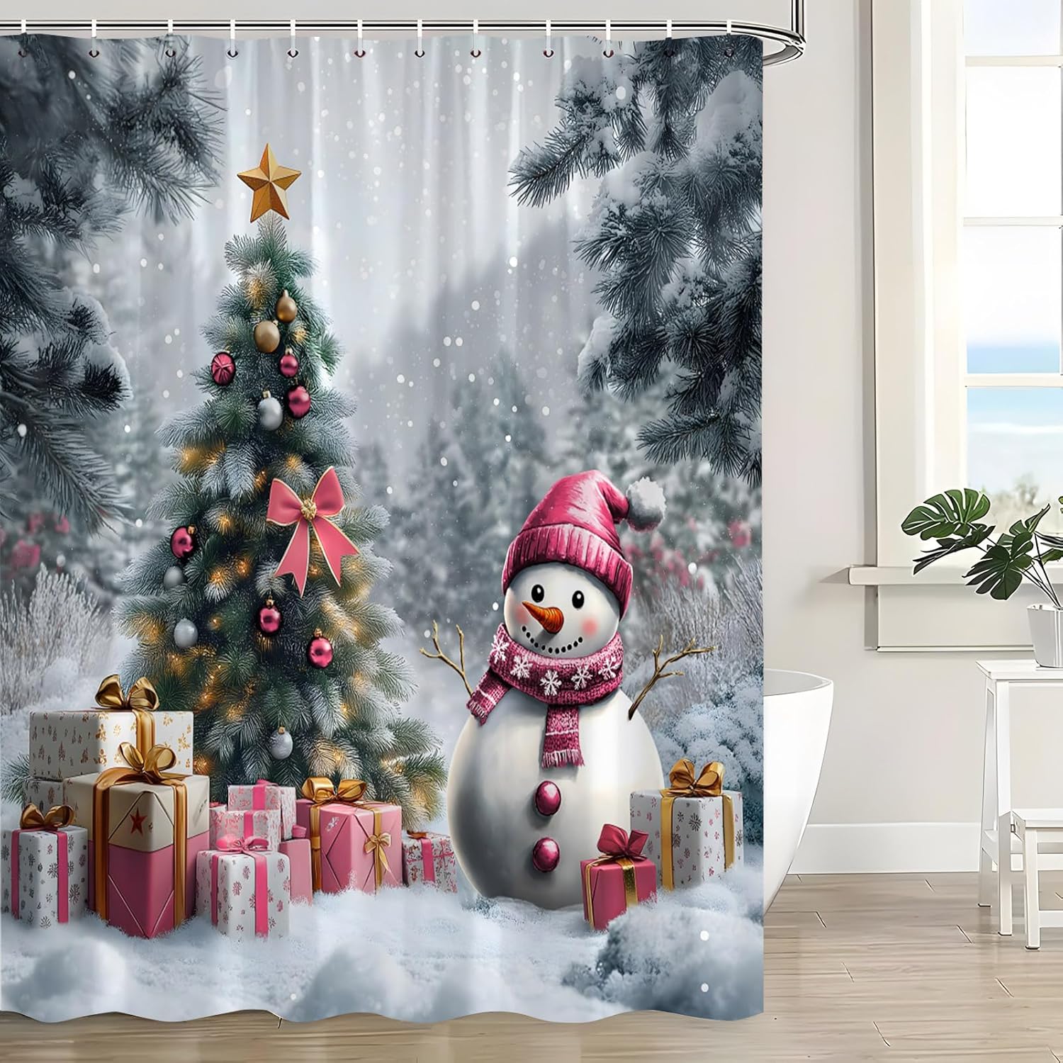 Winter Christmas Snowman Shower Curtain Cute Pink Snowman Pine Tree Bow Ball Christmas Tree Snowy Forest Xmas Holiday Happy New Year Fabric Bathroom Curtain with Hook