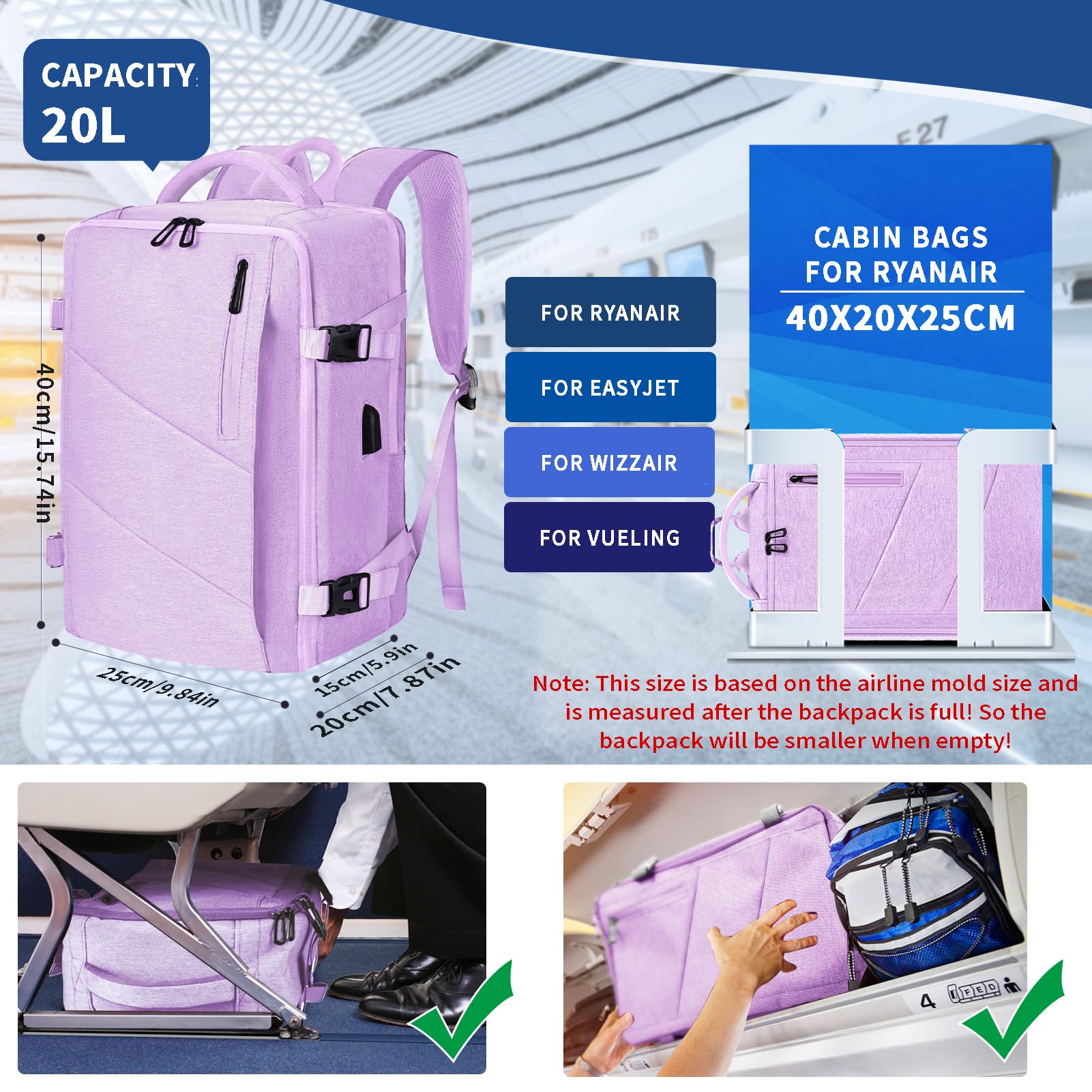 Leyrica Zaino da Viaggio per Ryanair/Wizzair 40x20x25 Bagaglio a Mano Unisex Borse da Cabina Zaino per Laptop 15 pollici Daypack Casual Zaino Università (Viola)