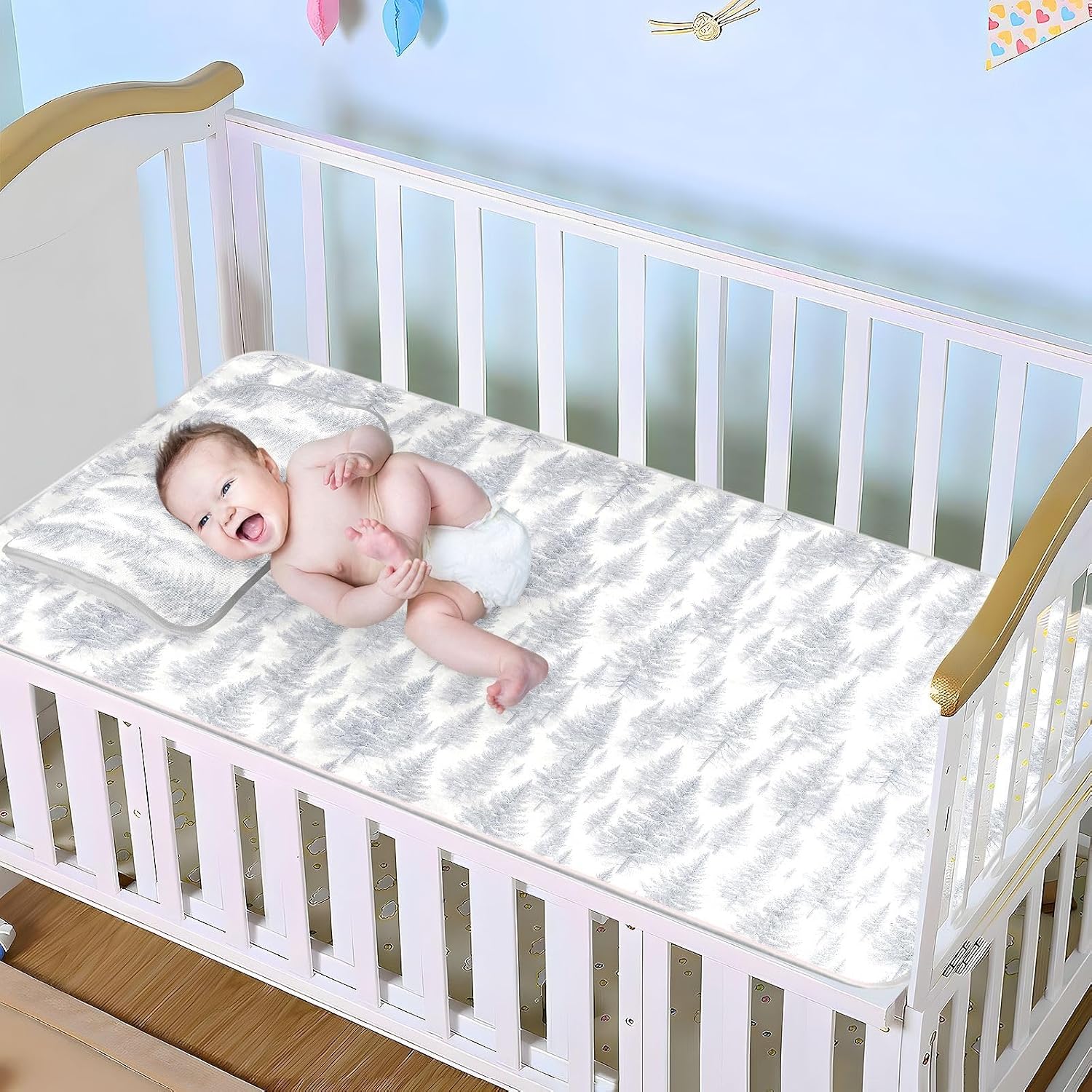 Cooling Baby Mattress Protector pad 28" x 52" Reusable Snow Pinetree Winter Bed Pads Washable for Kids, Adult