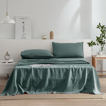 EVERLY Linen Sheets Set Twin Size,100% French Stonewash Pure Linen Sheets Set,3Pieces 1Flat Sheet,1Fitted Sheet,1Pillowcase Suitable for Hot Sleepers,Deep Pocket Bedding Set-Aqua