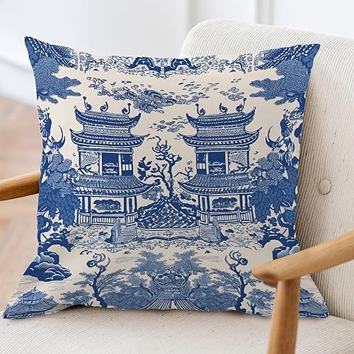 Miniatura 3 de ArogGeld Chinoiserie - Funda de cojín de pagoda asiática azul oriental antigua china para sofá cuadrado de jardín, fundas de almohada tradicionales