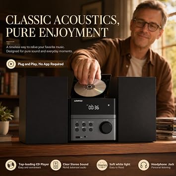 Home CD Stereo Shelf System, 30W Micro HiFi System with Bluetooth