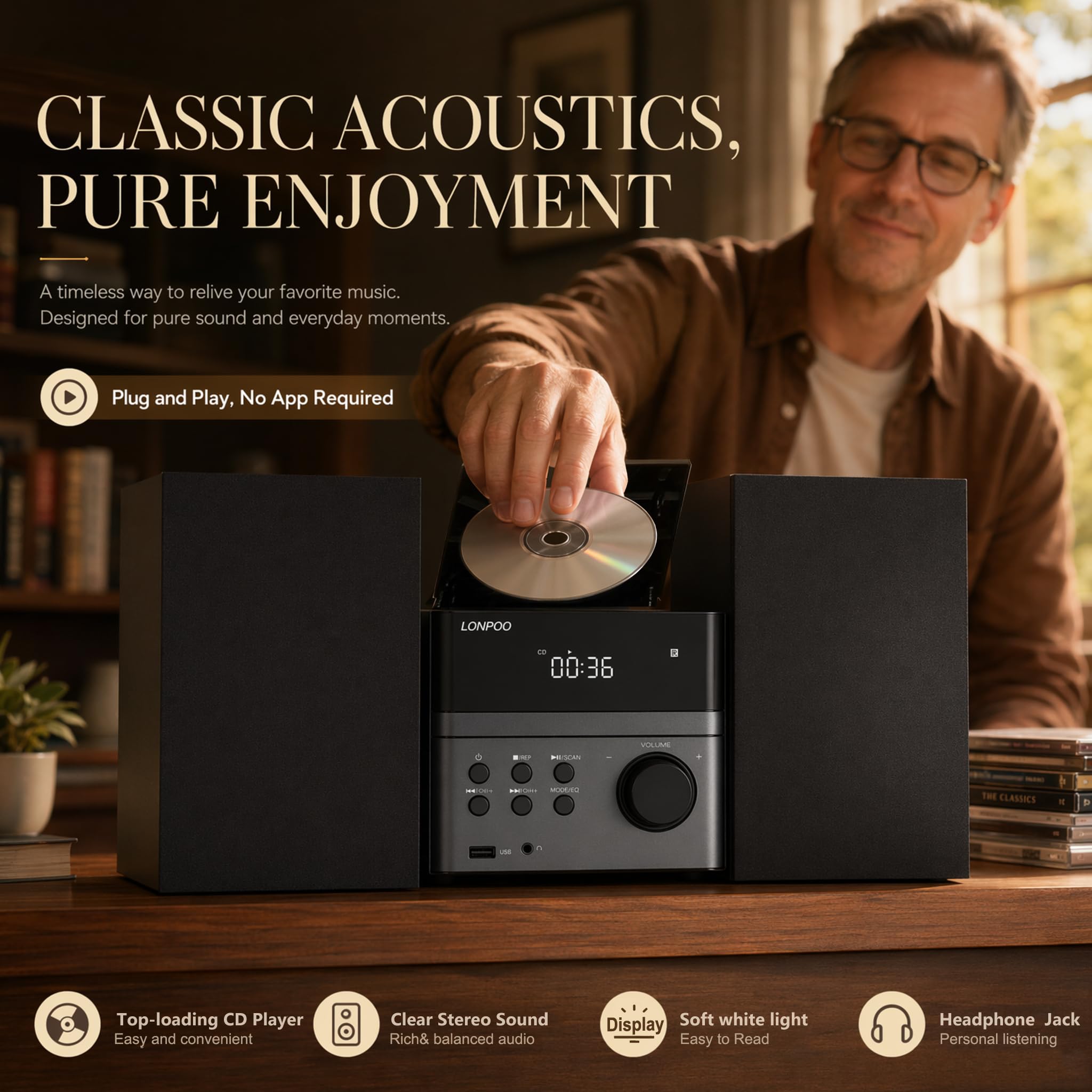Sistema estéreo para casa Micro HiFi Compacto con Reproductor de CD, Bluetooth, Radio FM, USB, AUX-in, Pantalla LED y botón Grande, Mando a Distancia (lp-128)