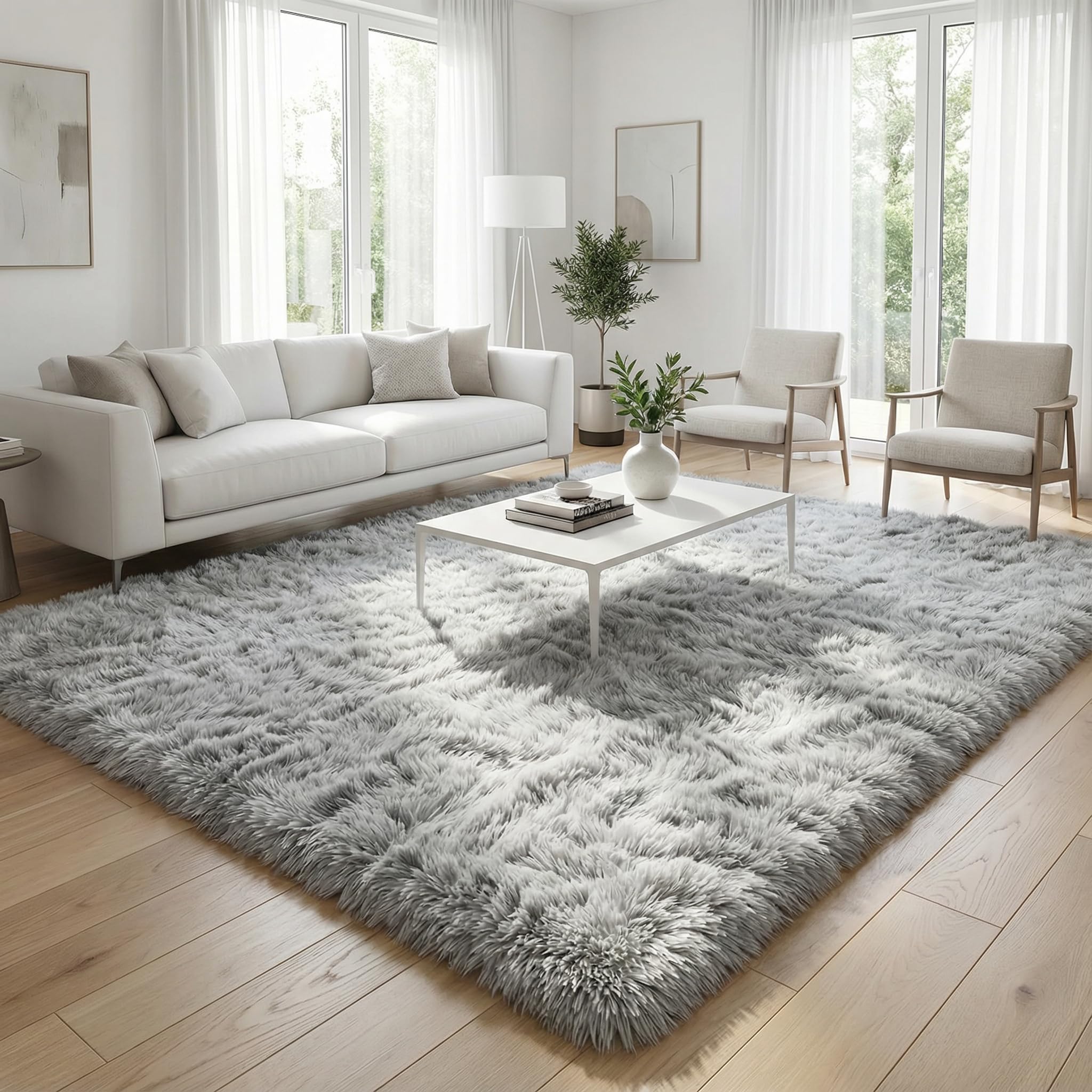 Merelax Soft Modern Indoor Large Shaggy Rug for Livingroom Bedroom Dorm Kids Room Home Decorative, Non-Slip Plush Fluffy Furry Fur Area Rugs Comfy Nursery Accent Floor Carpet 6x9 Feet, Grey