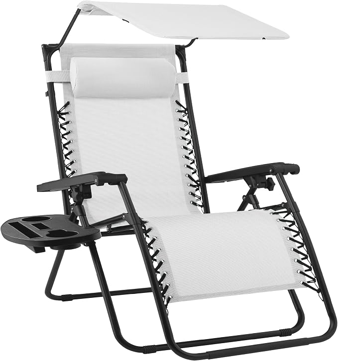 Best Choice Products Folding Zero Gravity Outdoor Recliner Patio Lounge Chair w/Adjustable Canopy Shade, Headrest, Side Accessory Tray, Textilene Mesh - Snow/Black