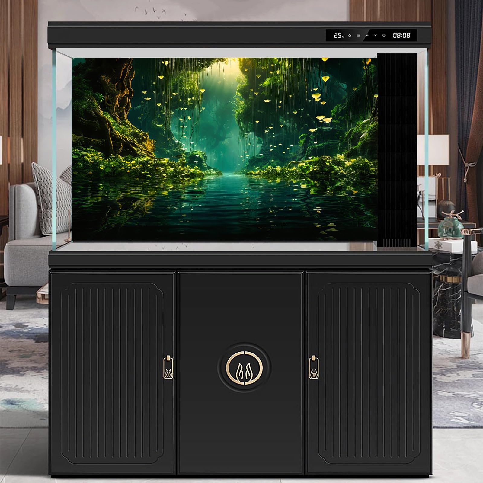 Fondo de acuario de selva densa, bosque lluvioso, lago tranquilo, terrario, fondo de niebla rayos de sol, bosque, estilo selva, fondo de fondo para peceras, decoración de póster de vinilo,