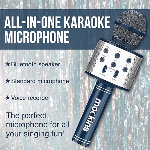 Miniatura 7 de Mockins Micrófono de karaoke Bluetooth azul marino para niños, micrófono de karaoke inalámbrico con altavoz integrado, compatible con iOS y Android