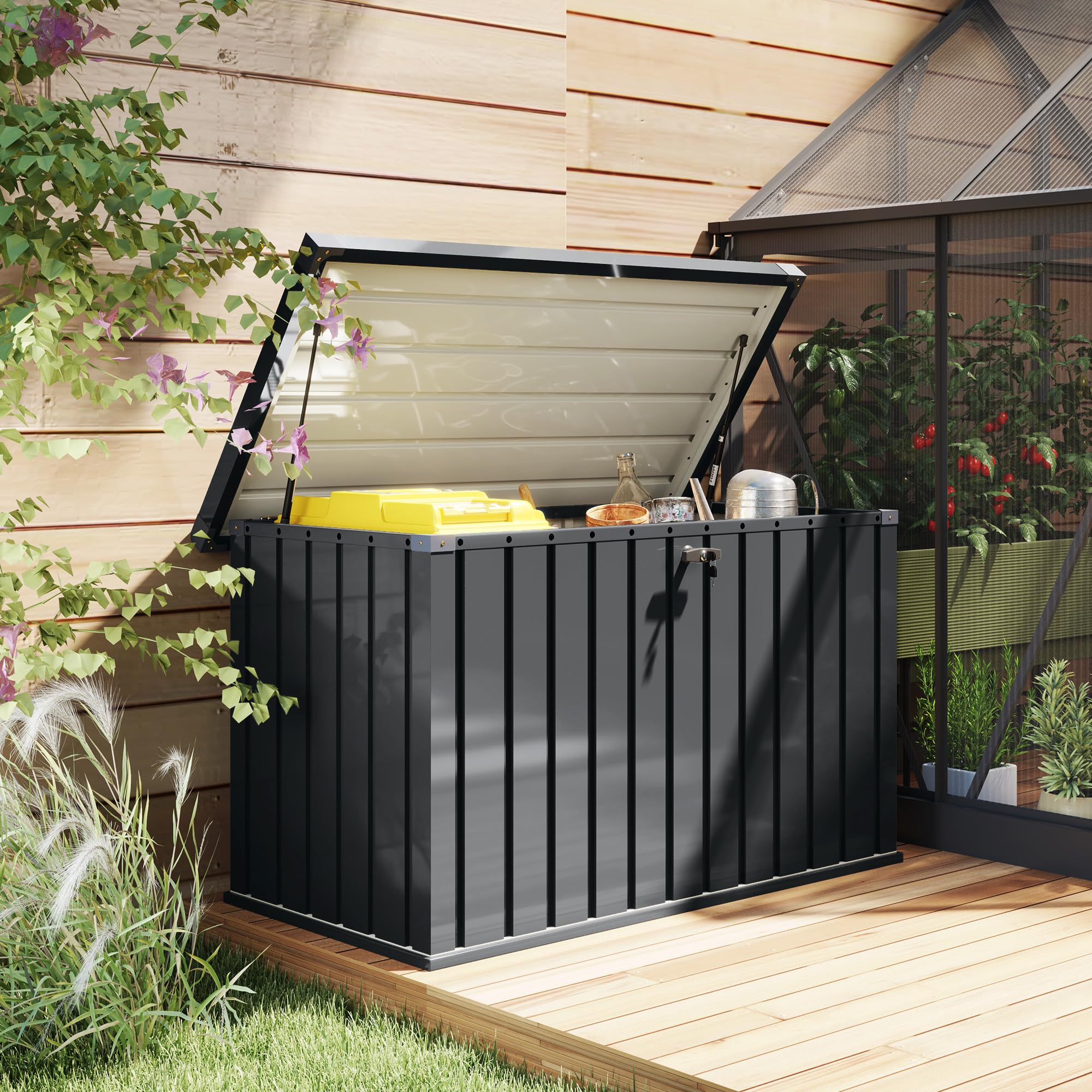 Outsunny Baule da Esterno da 400L con Coperchio a Doppia Leva, Serratura e 2 Chiavi, Cassapanca Contenitore da Esterno Impermeabile in Acciaio Zincato, 124x66x72 cm, Grigio Scuro