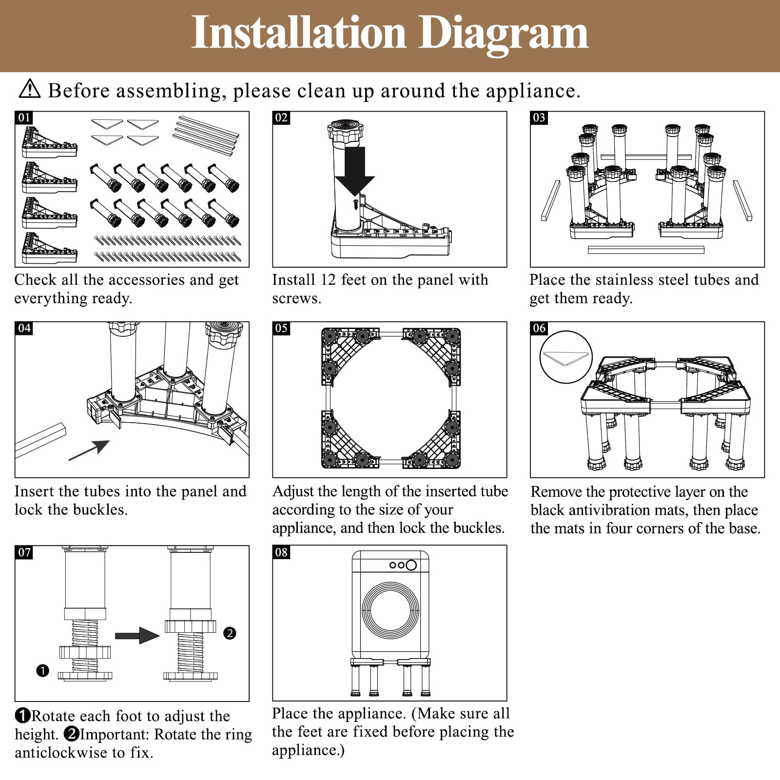 DEWEL Base Lavadora de Acero Inoxidable, Base Elevador Lavadora Estable con 12 Patas de Altura 18-20cm, Soporte Ajustable para Lavadora Secadora Frigorífico de Tamaño de 43.5-63cm, Carga 250kg