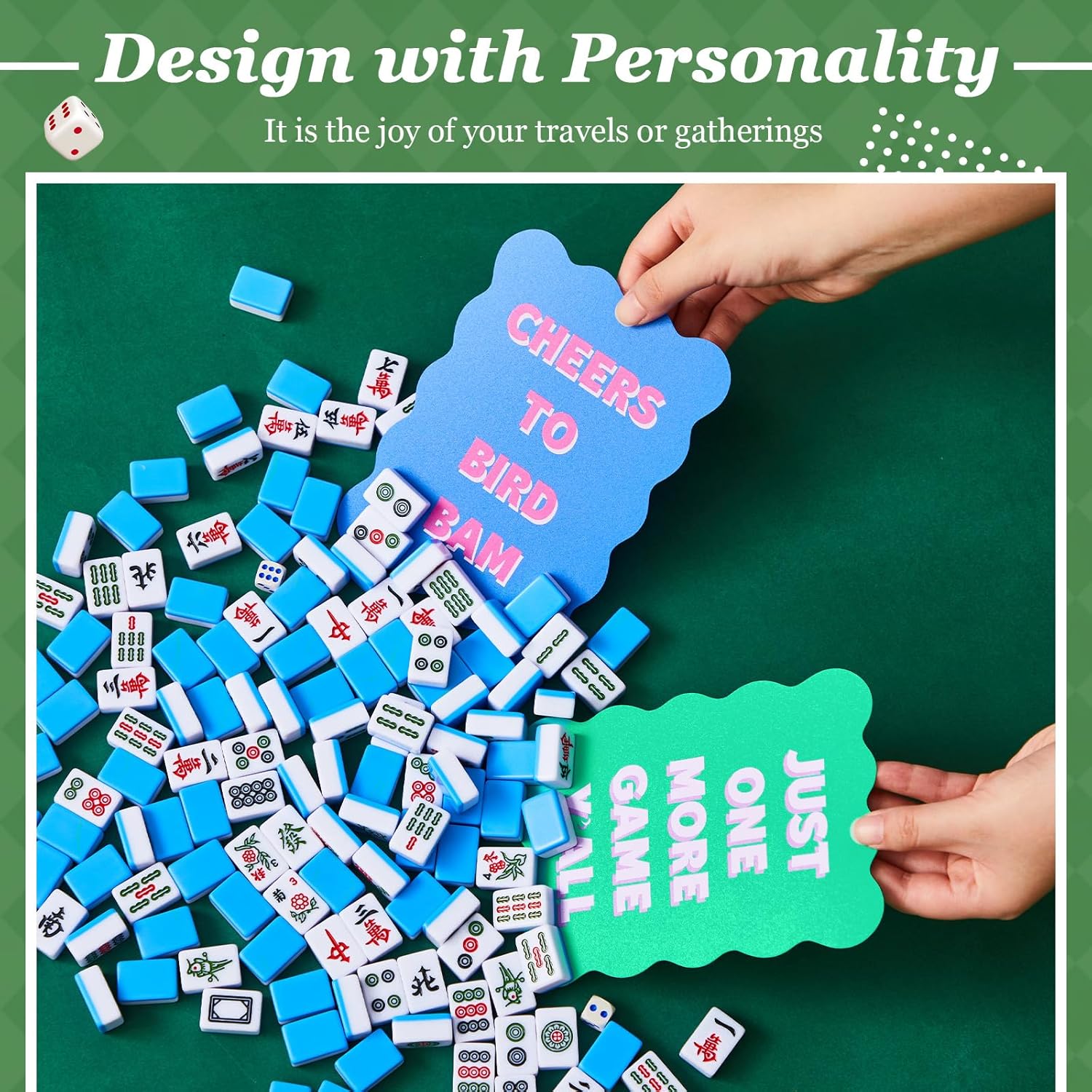 Soulchen 4 Pcs Mahjong Tile Mixer Shufflers for Mixing and Shuffling Tiles Plastic Mahjong Accessories Gifts for Lovers Games Decorative Wavy Edge & Printed Design (Blue & Green Style)