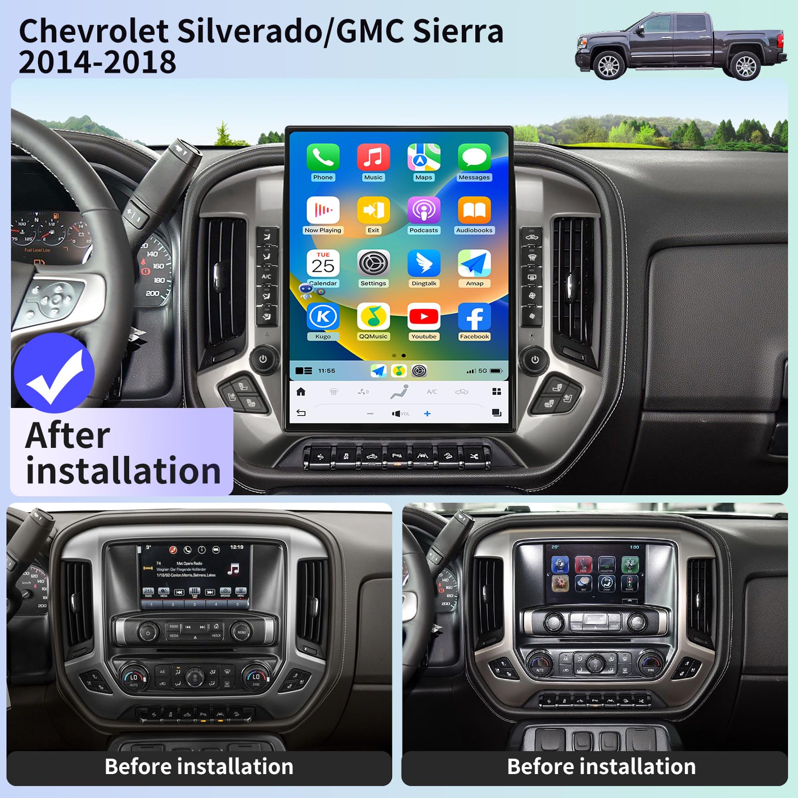 Car Radio for Chevrolet Silverado GMC Sierra 2014-2019 Stereo Replacement Head Unit 15.6 Inch 2K IPS Touch Screen Tesla Style Carplay Android Auto GPS Navigation Multimedia Play OEM 8 Inch (Silver)