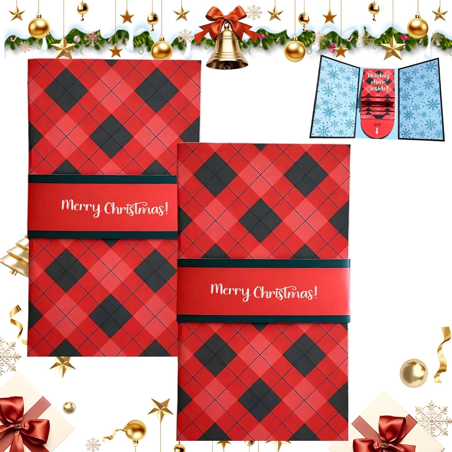 Handmade Waterfall Christmas Gift Card Booklet,Pull-out Design Merry Christmas Gift Card Book,Xmas DIY Surprise Money Card Sleeve Book Holder,Xmas Party Supplies Gifts for Family Friends (2Pcs)