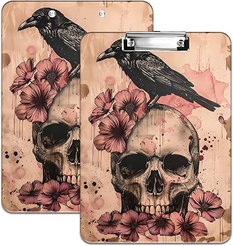 Cute Clipboard with Hidden Thin Clip, Plastic Stylish Design A4 Letter Size Clipboard, Suitable for Students, Offices, Classrooms and Children, Standard Size 12.5" x 9", Crow Skull