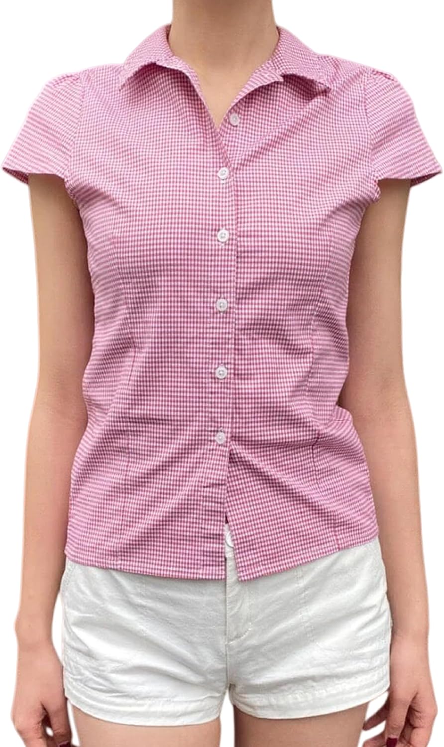 Seyumixi Y2k Button Up Shirt Women Short Sleeve V Neck Cropped Blouse Slim Fitted Collared Top Cute Preppy Coquette Tops