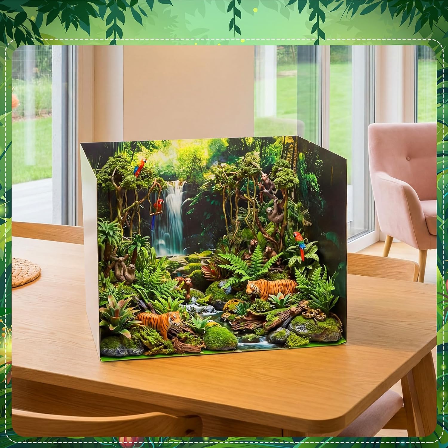 AmazingSpark 4 Set Rainforest Diorama Box and Fake Grass Decor, Rainforest Diorama Project Supplies Set, Cardboard Display Case Kit & Artificial Grass with Double Sided Tapes for DIY Crafts image 3