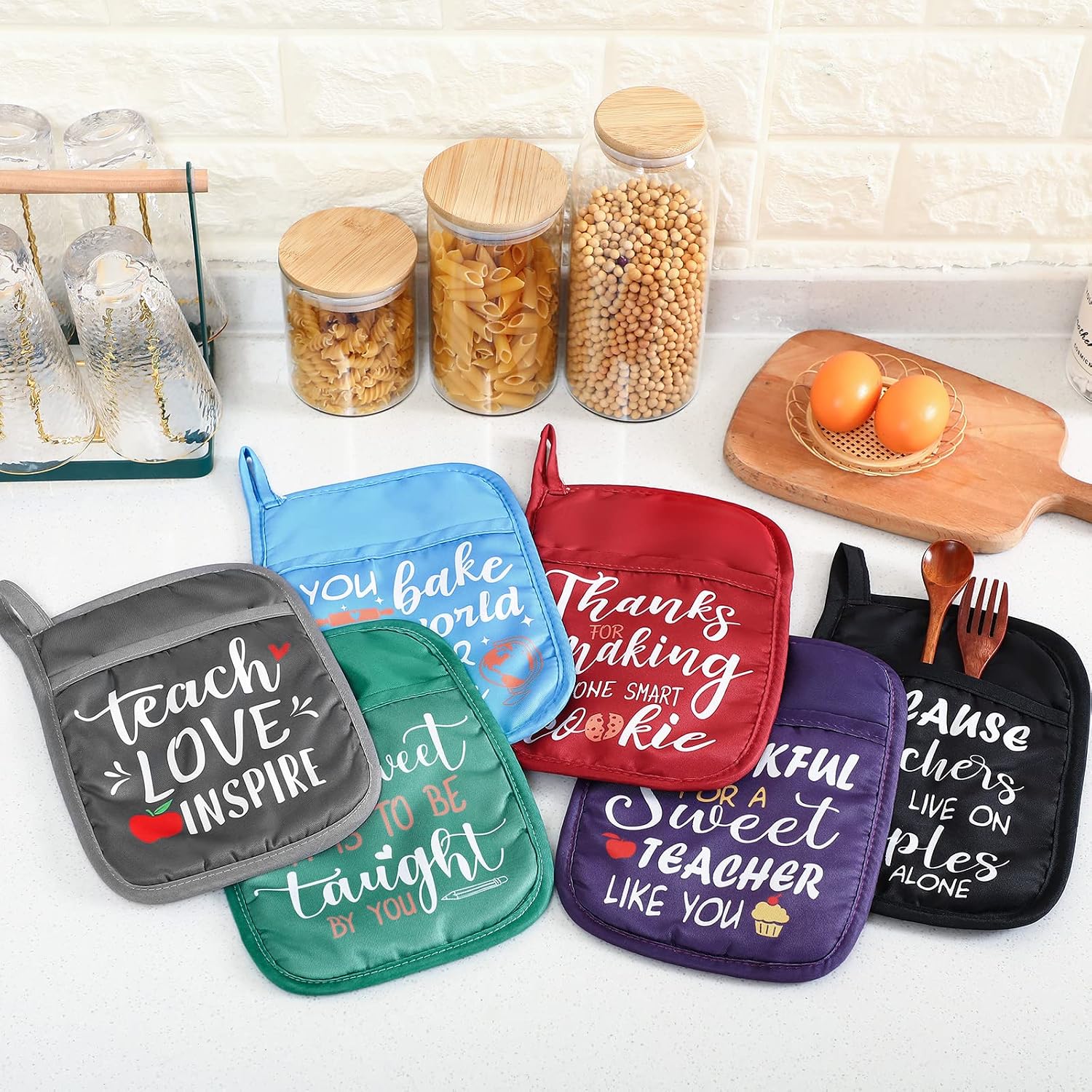 Tessco for You 6 Pcs Teacher Appreciation Gifts Pot Holders with Pockets Heat Resistant Oven Mitt Set for Baking and Cooking Teacher Appreciation Week Supplies End of Year Party Favors image 4