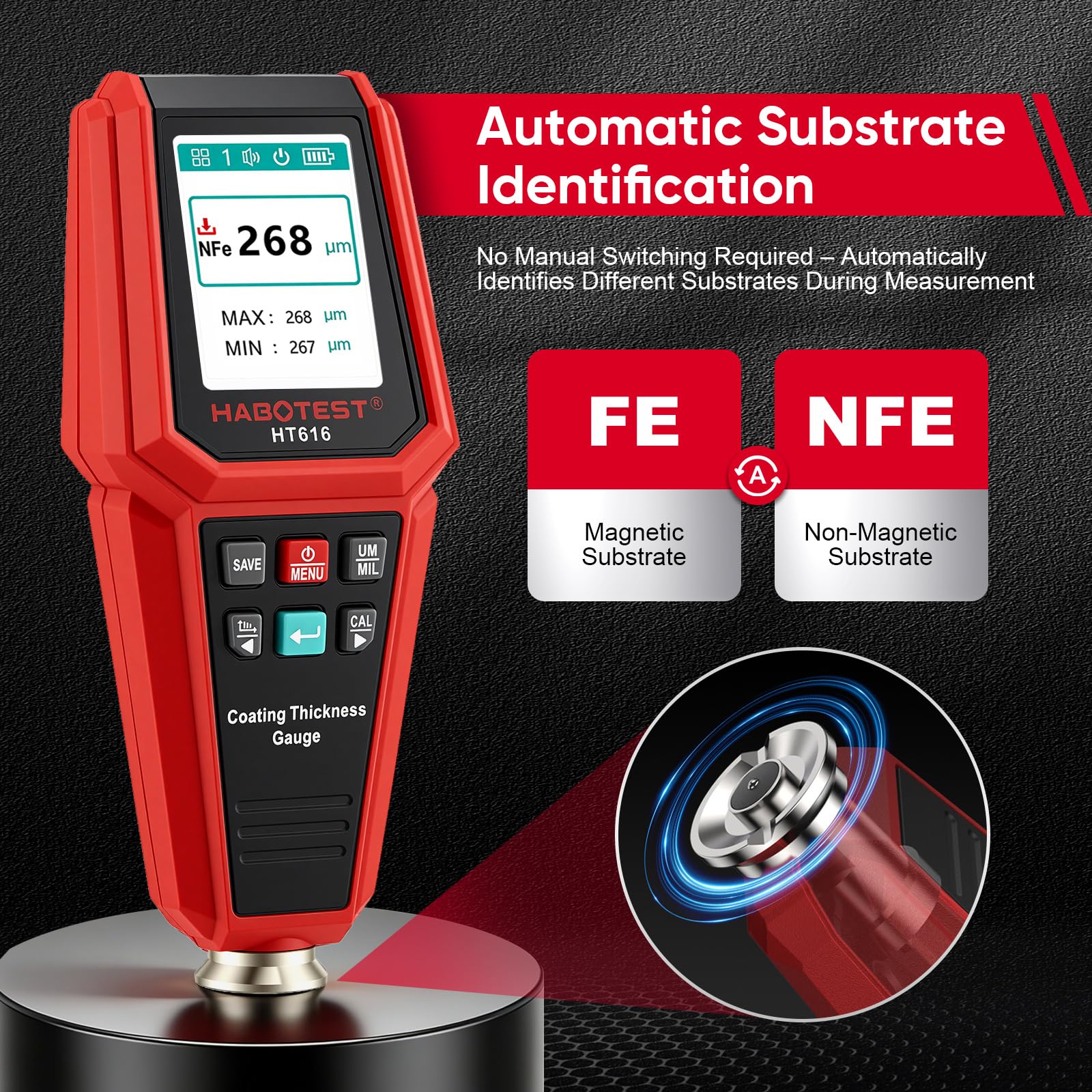 HT616 Spessimetro Vernice, Misuratore di Spessore del Rivestimento 0-1500μm, Misuratore di Vernice per Auto Fe NFe, Tester di Spessore della Vernice, Rivestimento Tester di Spessore della Vernice
